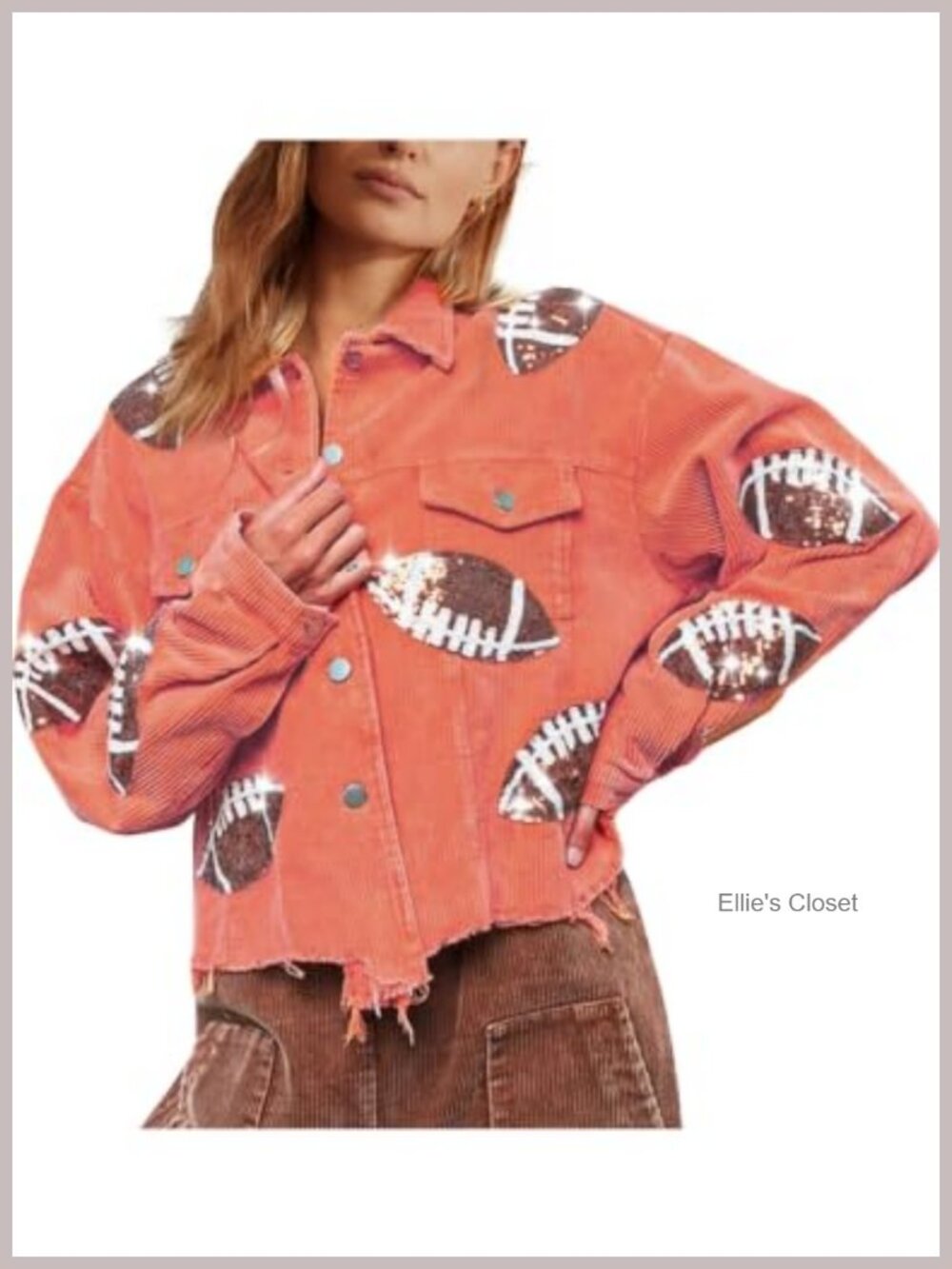 Women's Cropped Football Corduroy Jacket Sequin Rugby Patched Shacket
